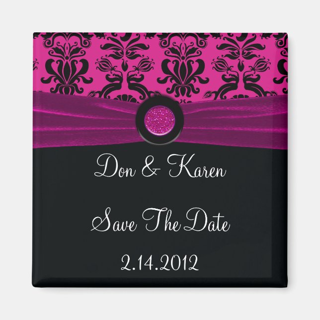 Black Damask, Magenta Save The Date Magnet (Front)