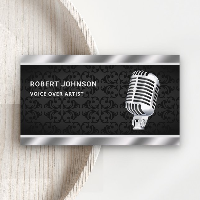 Black Damask Metallic Microphone Voice Over Artist Business Card (Creator Uploaded)