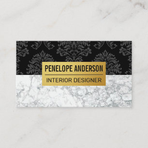 Black Damask Metallic Pattern   White Marble Business Card