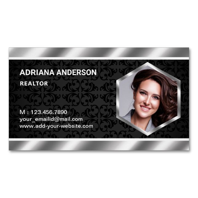 Black Damask Metallic Real Estate Photo Realtor Magnetic Business Card (Front)