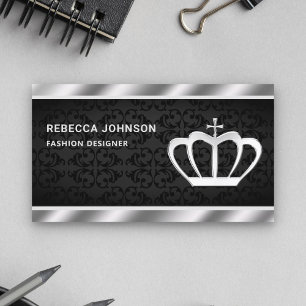 Black Damask Metallic Steel Silver Crown Business Card