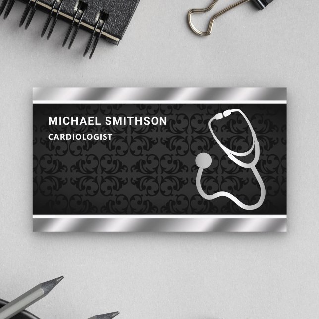 Black Damask Metallic Steel Stethoscope Doctor Business Card (Creator Uploaded)