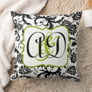 Black Damask Monogram Bride and Groom Pillow