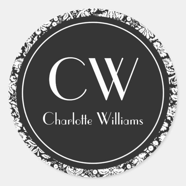 Black Damask Monogram Classic Round Sticker (Front)