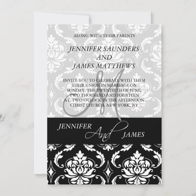 Black Damask Monogram Names Wedding Invitations (Front)