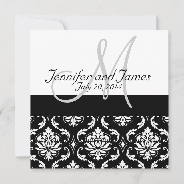 Black Damask Monogram Names Wedding Invitations (Front)