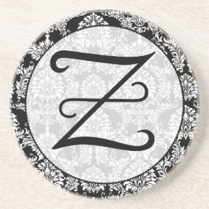 Black Damask Monogram Personalised Coaster