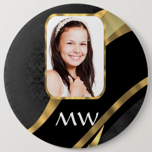 Black damask monogram photo template 6 cm round badge