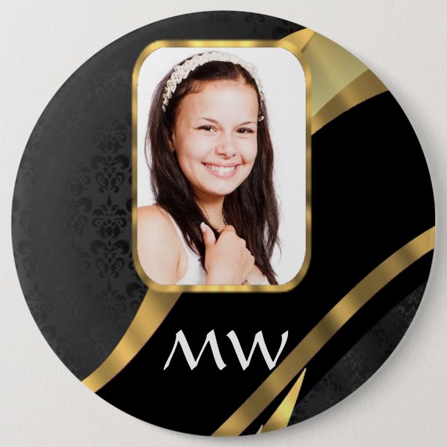 Black damask monogram photo template 6 cm round badge (Front)