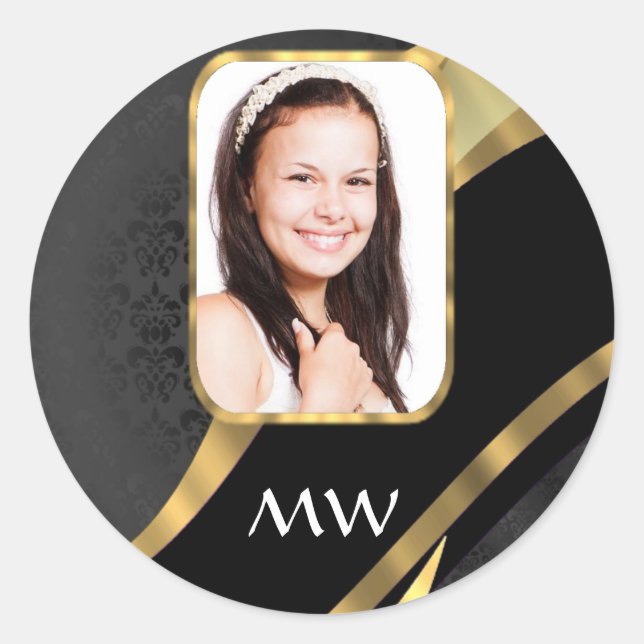 Black damask monogram photo template classic round sticker (Front)