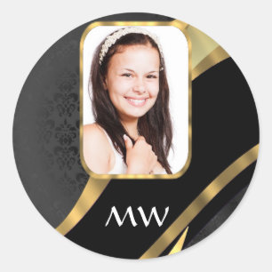 Black damask monogram photo template classic round sticker