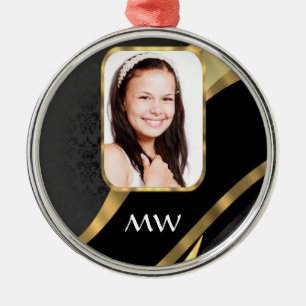 Black damask monogram photo template metal ornament