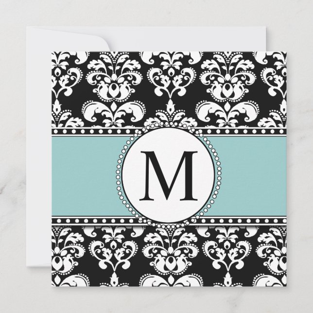 Black Damask Monogram Wedding Invitations Blue (Front)