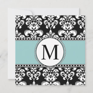 Black Damask Monogram Wedding Invitations Blue