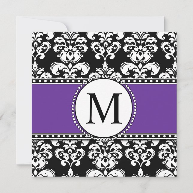 Black Damask Monogram Wedding Invitations Purple (Front)
