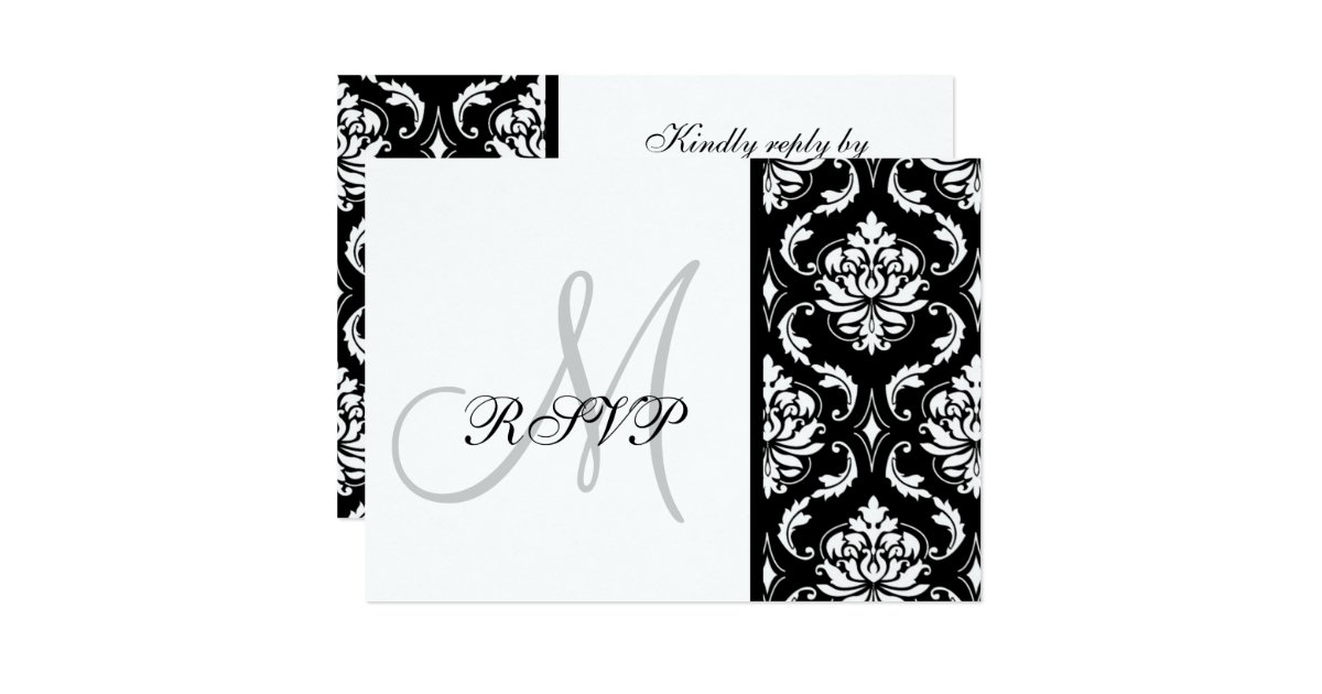 Black Damask Monogram Wedding RSVP Card Zazzle