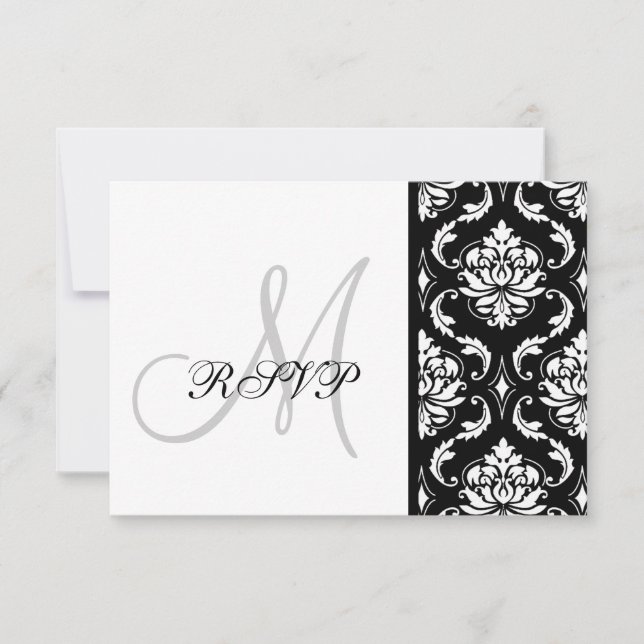 Black Damask Monogram Wedding RSVP Card (Front)