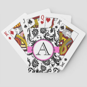 Black Damask Monogramed Pink Wedding Playing Card