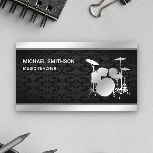 Black Damask Music Teacher Silver Drum Kit Drummer Business Card (Creator Uploaded)