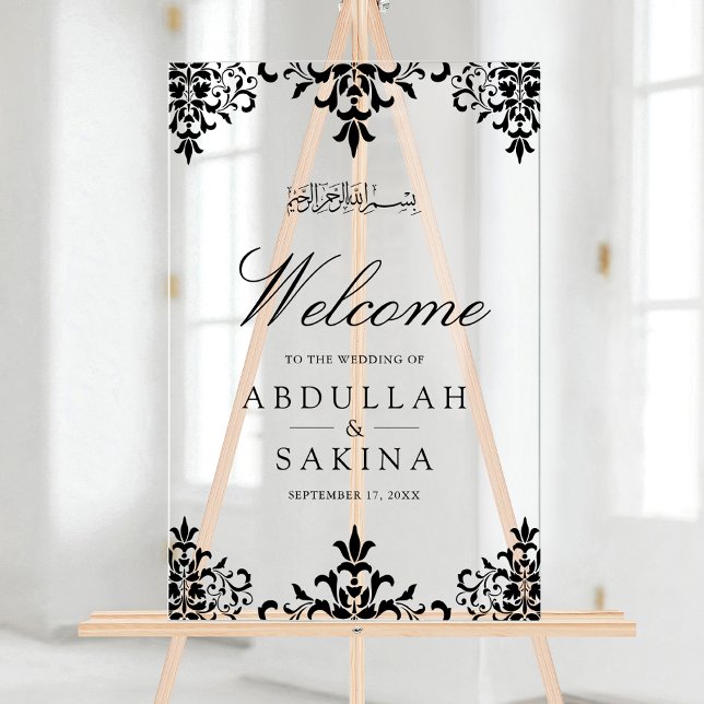 Black Damask Muslim Wedding Welcome Acrylic Sign (Creator Uploaded)