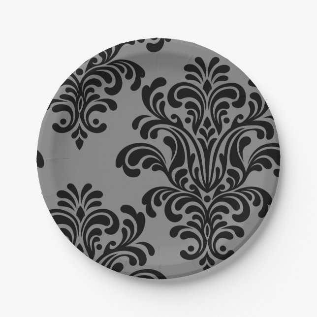 Black Damask on Grey Pattern Paper Plate (Front)