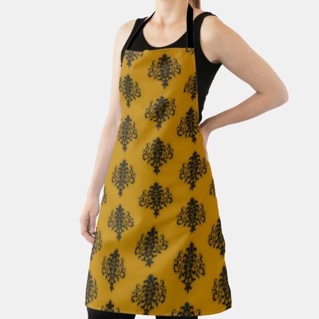Black damask on mustard yellow pattern apron (Insitu)