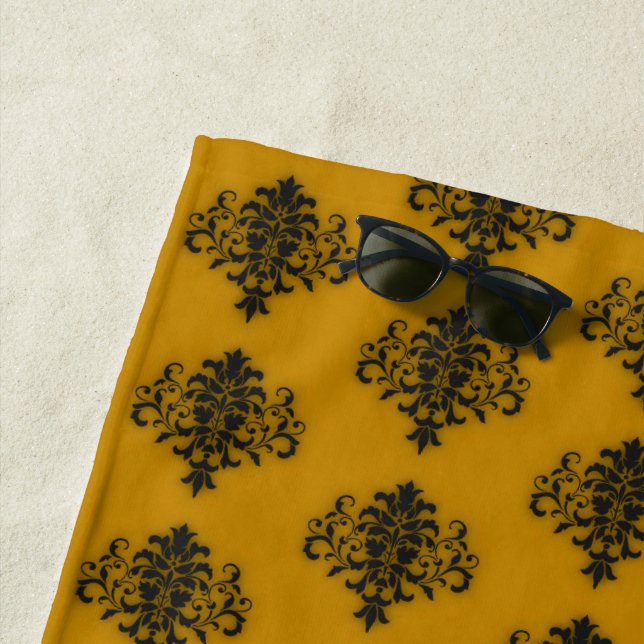 Black damask on mustard yellow pattern beach towel (In Situ)