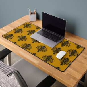 Black damask on mustard yellow pattern desk mat