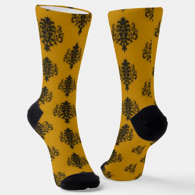 Black damask on mustard yellow pattern socks (Angled)