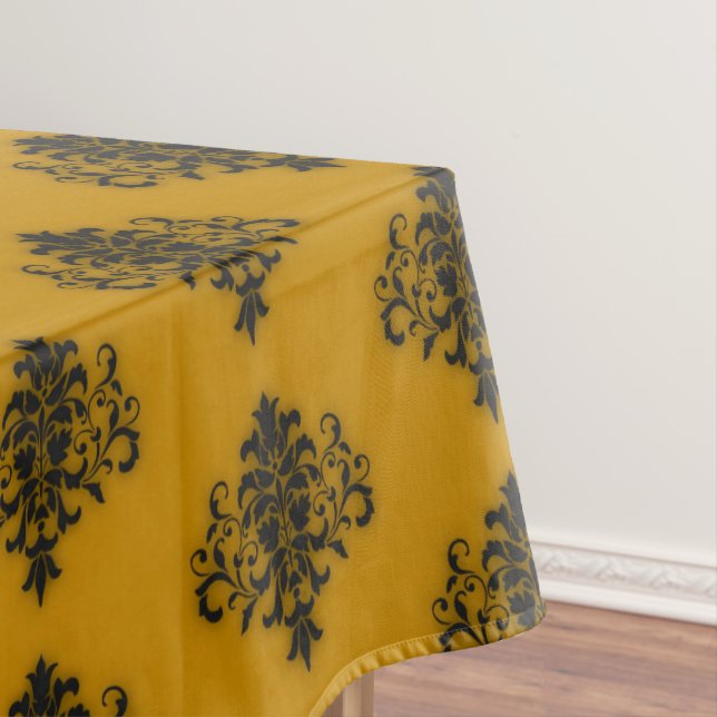 Black damask on mustard yellow pattern tablecloth (In Situ)