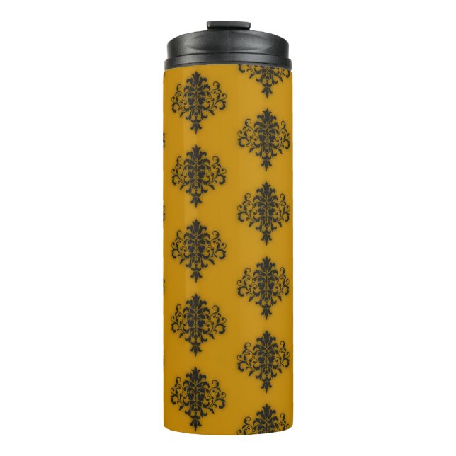 Black damask on mustard yellow pattern thermal tumbler (Front)