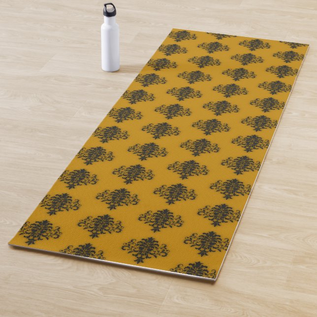 Black damask on mustard yellow pattern yoga mat (In Situ)