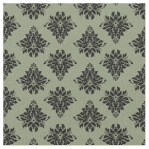 Black Damask on Olive Green Fabric