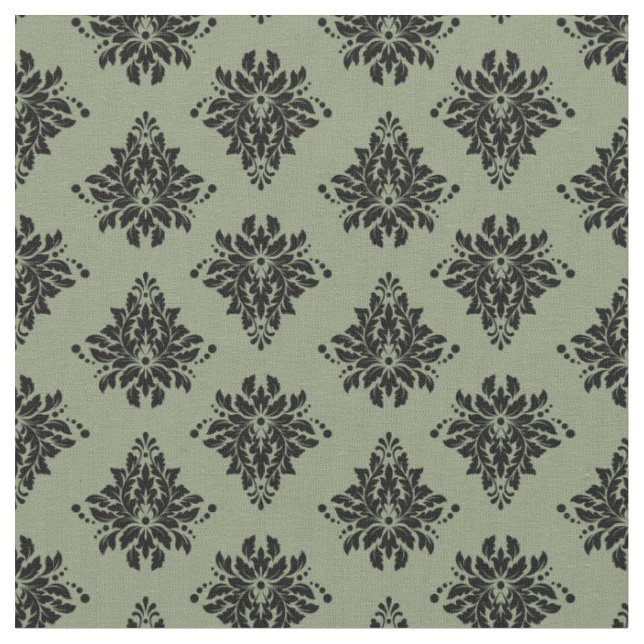 Black Damask on Olive Green Fabric (Close Up)