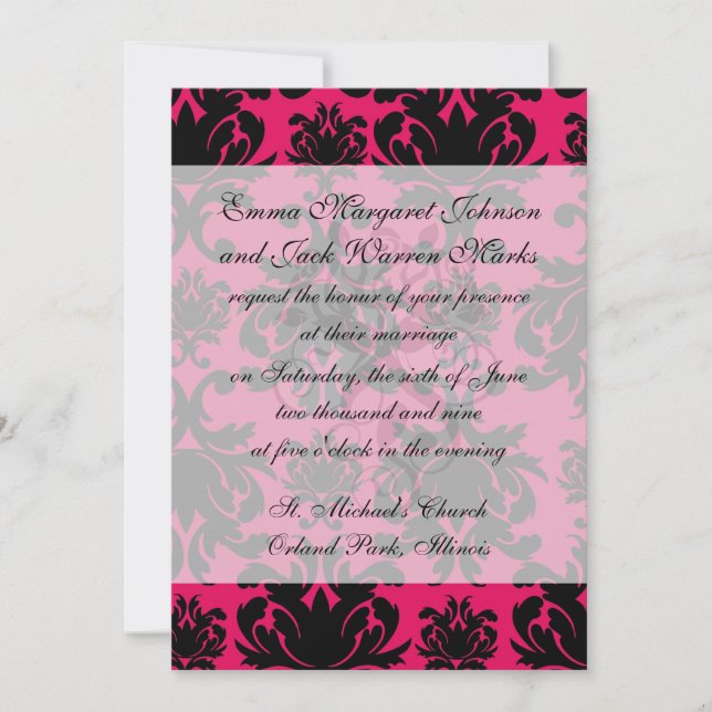 black damask on raspberry bold invitation (Front)