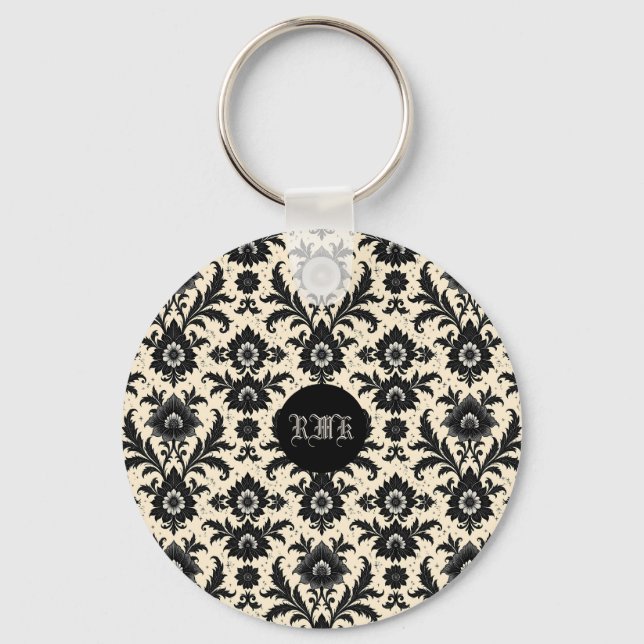 Black Damask on Sepia Key Ring (Front)