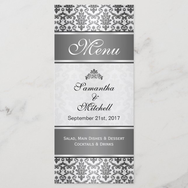 Black damask on silver grey Menu (Front)