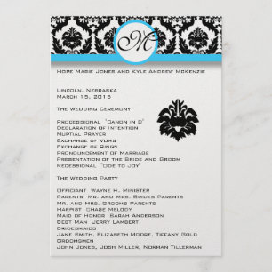 Black Damask On White Aqua Trim Wedding Program