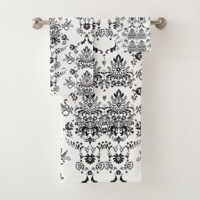 Black Damask on White Bath Towel Set (Insitu)