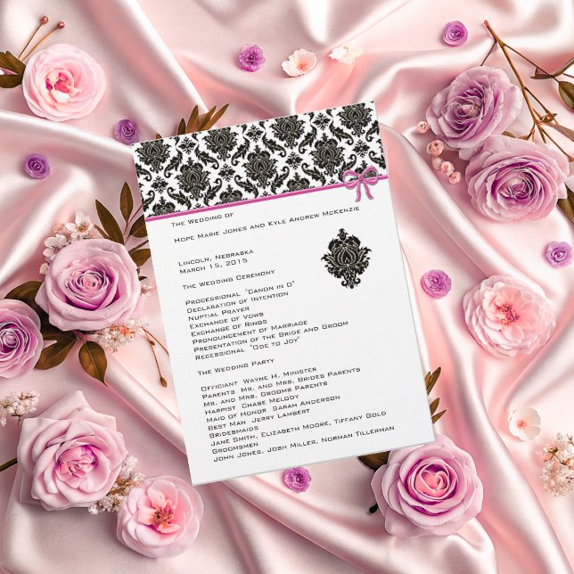 Black Damask On White  Pink Trim Wedding Program (Creator Uploaded)