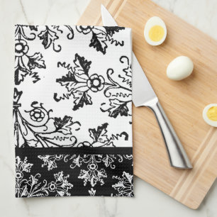 Black Damask on White with Revers Colour Border Tea Towel