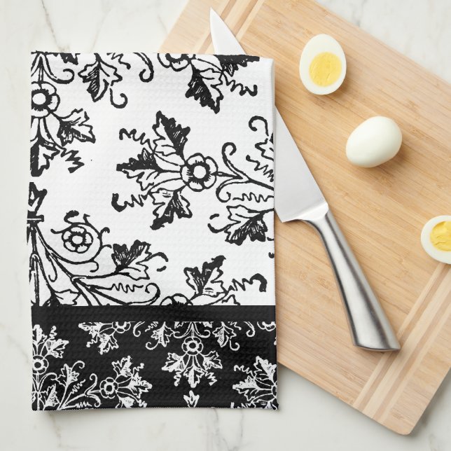 Black Damask on White with Revers Colour Border Tea Towel (Quarter Fold)