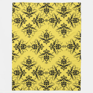 Black Damask on Yellow Vintage Pattern Fleece Blanket
