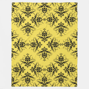 Black Damask on Yellow Vintage Pattern Fleece Blanket
