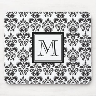 Black Damask Pattern 2 with Your Monogram Mouse Pad