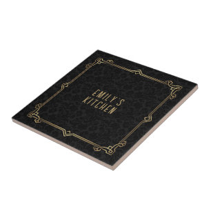 Black Damask Pattern, Art Deco Frame, Custom Text Ceramic Tile
