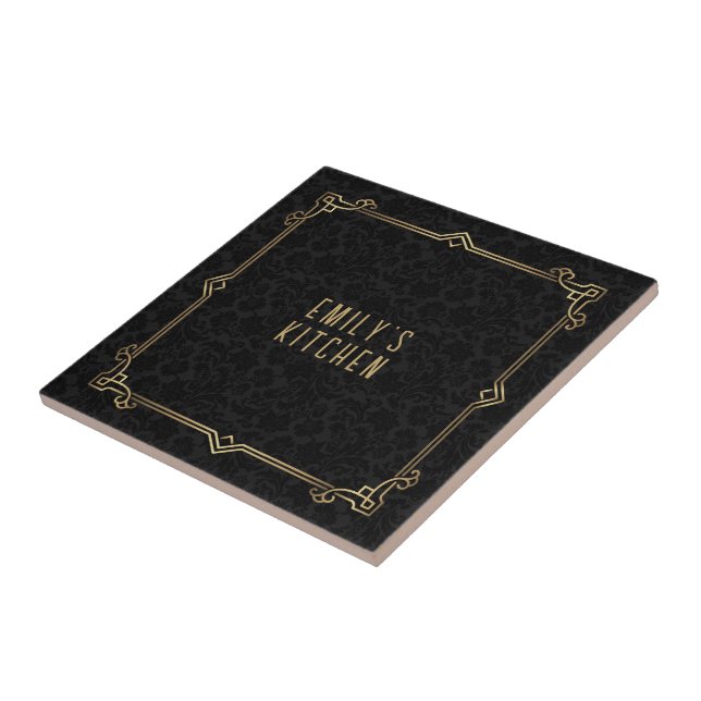 Black Damask Pattern, Art Deco Frame, Custom Text Ceramic Tile (Side)