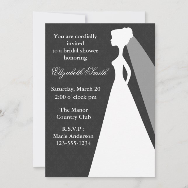 Black Damask Pattern Bridal Shower Invitation (Front)