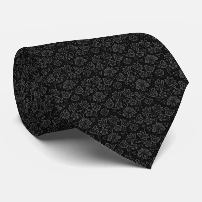 Black Damask Pattern Design Tie (Rolled)
