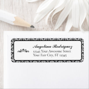 Black Damask Pattern Graduation Return Address Label